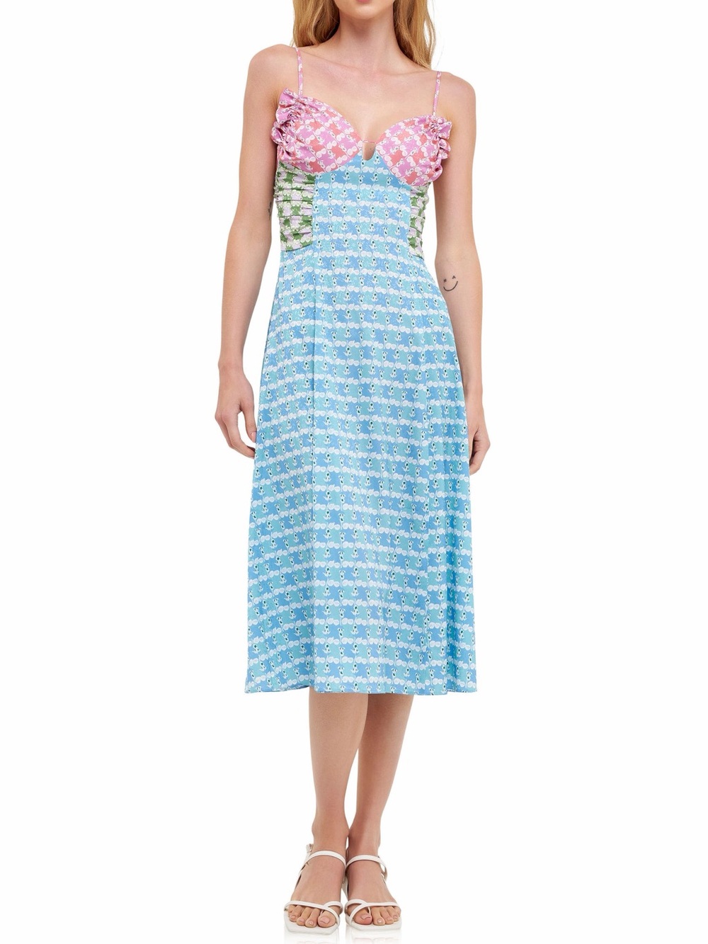 English Factory Blue Floral Satin Midi Dress